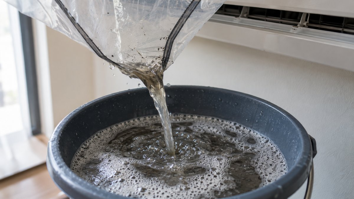 Грязная вода из пакета для чистки сливается в ведро