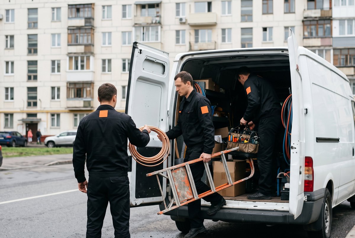Бригада мастеров загружает инструмент в фургон перед выездом