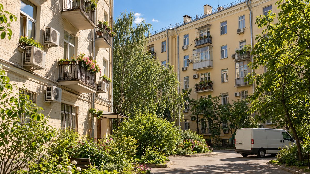 Московский двор в жару: наружные блоки на каждом балконе